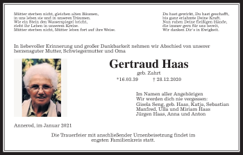 Traueranzeige von Gertraud Haas von Giessener Allgemeine, Alsfelder Allgemeine, Wetterauer Zeitung