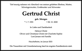 Traueranzeige von Gertrud Christ von Giessener Allgemeine, Alsfelder Allgemeine