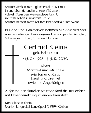 Traueranzeige von Gertrud Kleine von Giessener Allgemeine, Alsfelder Allgemeine