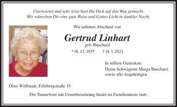 Traueranzeige von Gertrud Linhart von Wetterauer Zeitung