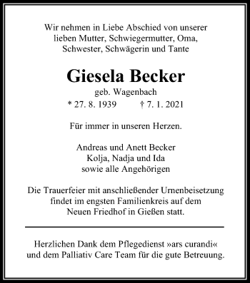 Traueranzeige von Giesela Becker von Giessener Allgemeine, Alsfelder Allgemeine
