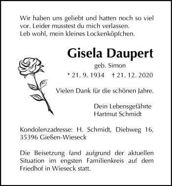 Traueranzeige von Gisela Daupert von Giessener Allgemeine, Alsfelder Allgemeine