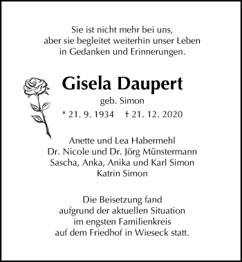 Traueranzeige von Gisela Daupert von Giessener Allgemeine, Alsfelder Allgemeine