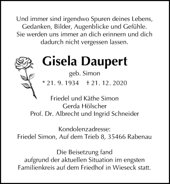 Traueranzeige von Gisela Daupert von Giessener Allgemeine, Alsfelder Allgemeine