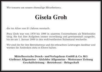 Traueranzeige von Gisela Groh von Giessener Allgemeine, Alsfelder Allgemeine