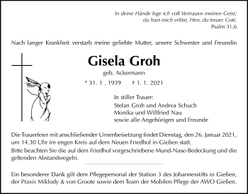 Traueranzeige von Gisela Groh von Giessener Allgemeine, Alsfelder Allgemeine