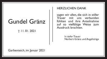 Traueranzeige von Gundel Gränz von Giessener Allgemeine, Alsfelder Allgemeine, Wetterauer Zeitung