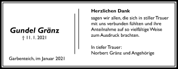 Traueranzeige von Gundel Gränz von Licher Wochenblatt