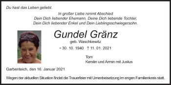 Traueranzeige von Gundel Gränz von Giessener Allgemeine, Alsfelder Allgemeine