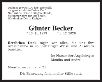 Traueranzeige von Günter Becker von HZ-aktuell