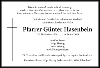 Traueranzeige von Günter Hasenbein von Wetterauer Zeitung, Giessener Allgemeine, Alsfelder Allgemeine
