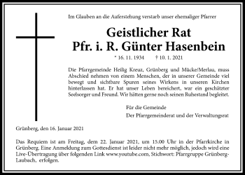 Traueranzeige von Günter Hasenbein von Giessener Allgemeine, Alsfelder Allgemeine