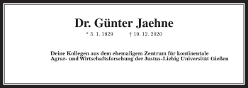 Traueranzeige von Günter Jaehne von Giessener Allgemeine, Alsfelder Allgemeine