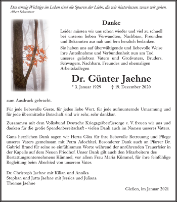 Traueranzeige von Günter Jaehne von Giessener Allgemeine, Alsfelder Allgemeine