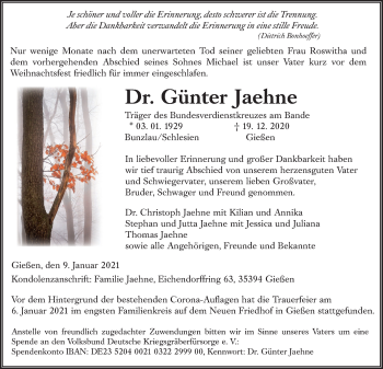 Traueranzeige von Günter Jaehne von Giessener Allgemeine, Alsfelder Allgemeine