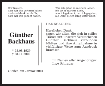 Traueranzeige von Günther Backhaus von Giessener Allgemeine, Alsfelder Allgemeine