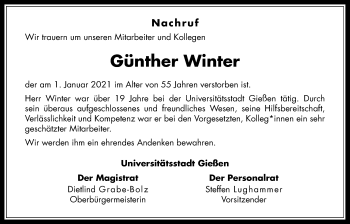 Traueranzeige von Günther Winter von Giessener Allgemeine, Alsfelder Allgemeine