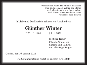 Traueranzeige von Günther Winter von Giessener Allgemeine, Alsfelder Allgemeine