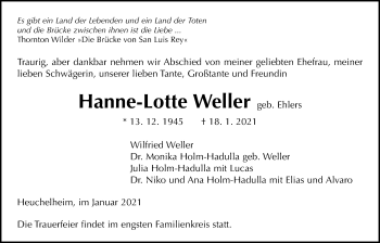 Traueranzeige von Hanne-Lotte Weller von Giessener Allgemeine, Alsfelder Allgemeine