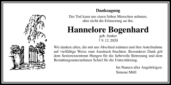Traueranzeige von Hannelore Bogenhard von Licher Wochenblatt