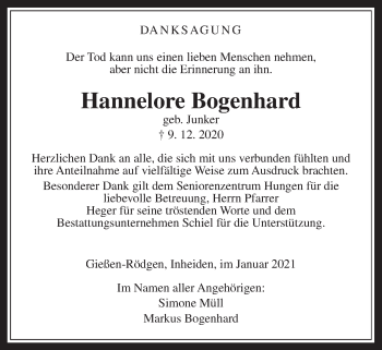 Traueranzeige von Hannelore Bogenhard von Giessener Allgemeine, Alsfelder Allgemeine