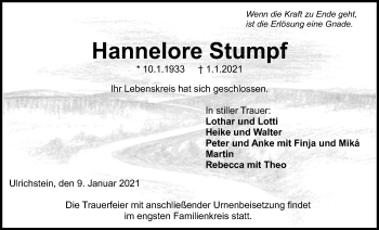 Traueranzeige von Hannelore Stumpf von Alsfelder Allgemeine