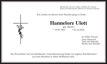 Traueranzeige von Hannelore Ulott von Wetterauer Zeitung