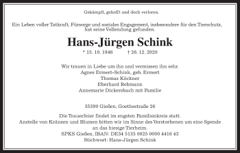 Traueranzeige von Hans-Jürgen Schink von Giessener Allgemeine, Alsfelder Allgemeine