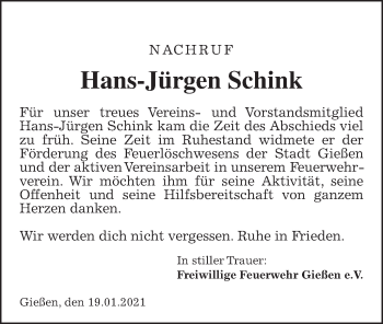 Traueranzeige von Hans-Jürgen Schink von Giessener Allgemeine, Alsfelder Allgemeine