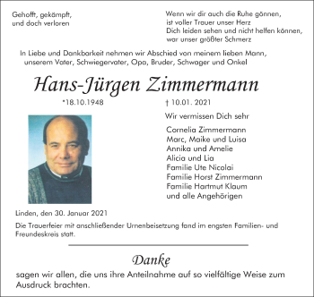 Traueranzeige von Hans-Jürgen Zimmermann von Giessener Allgemeine, Alsfelder Allgemeine