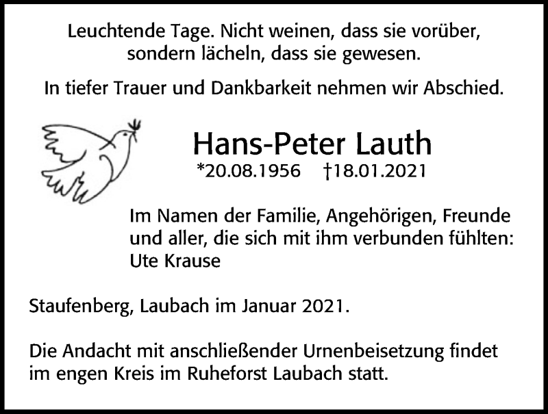  Traueranzeige für Hans-Peter Lauth vom 27.01.2021 aus Laubacher Anzeiger