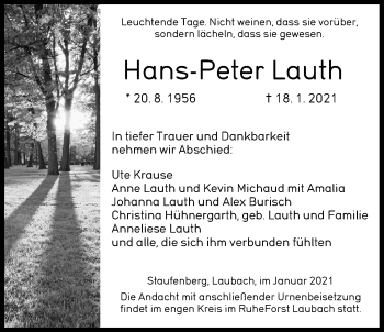Traueranzeige von Hans-Peter Lauth von Giessener Allgemeine, Alsfelder Allgemeine