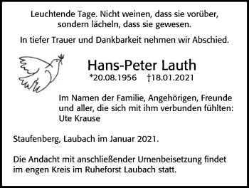 Traueranzeige von Hans-Peter Lauth von Laubacher Anzeiger