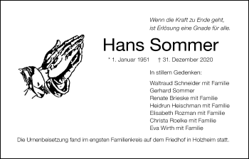 Traueranzeige von Hans Sommer von Pohlheimer Nachrichten