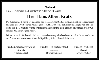 Traueranzeige von Hans Albert Kratz von Mücker Stimme