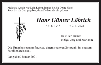 Traueranzeige von Hans Günter Löbrich von Giessener Allgemeine, Alsfelder Allgemeine