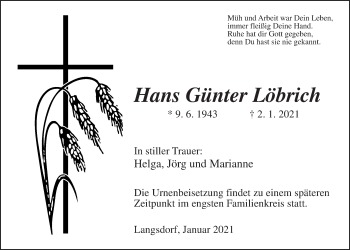 Traueranzeige von Hans Günter Löbrich von Giessener Allgemeine, Alsfelder Allgemeine