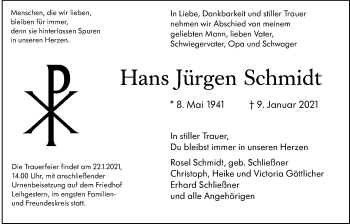 Traueranzeige von Hans Jürgen Schmidt von Giessener Allgemeine, Alsfelder Allgemeine