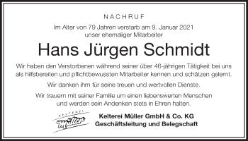 Traueranzeige von Hans Jürgen Schmidt von Giessener Allgemeine, Alsfelder Allgemeine