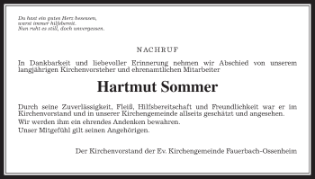 Traueranzeige von Hartmut Sommer von Wetterauer Zeitung