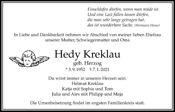 Traueranzeige von Hedy Kreklau von Bad Vilbel/Karben