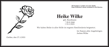 Traueranzeige von Heike Wilke von Giessener Allgemeine, Alsfelder Allgemeine
