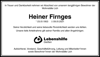 Traueranzeige von Heiner Firnges von Giessener Allgemeine, Alsfelder Allgemeine