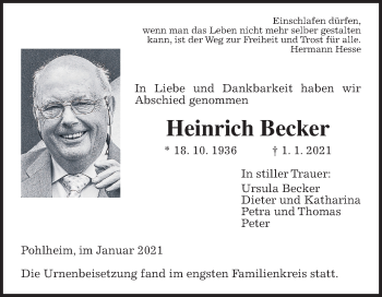 Traueranzeige von Heinrich Becker von Giessener Allgemeine, Alsfelder Allgemeine