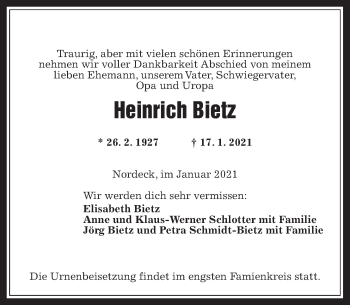 Traueranzeige von Heinrich Bietz von Wetterauer Zeitung, Giessener Allgemeine, Alsfelder Allgemeine