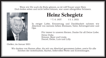 Traueranzeige von Heinrich Schegietz von Giessener Allgemeine, Alsfelder Allgemeine