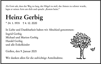 Traueranzeige von Heinz Gerbig von Giessener Allgemeine, Alsfelder Allgemeine
