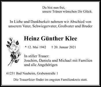 Traueranzeige von Heinz Günther Klee von Wetterauer Zeitung