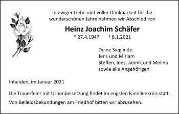 Traueranzeige von Heinz Joachim Schäfer von Licher Wochenblatt