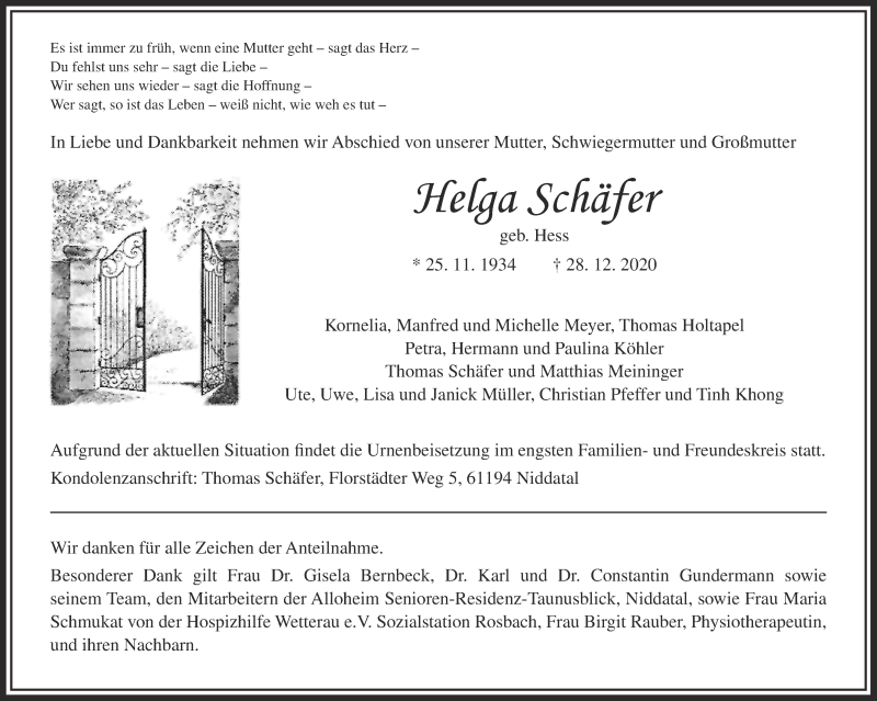  Traueranzeige für Helga Schäfer vom 02.01.2021 aus Wetterauer Zeitung